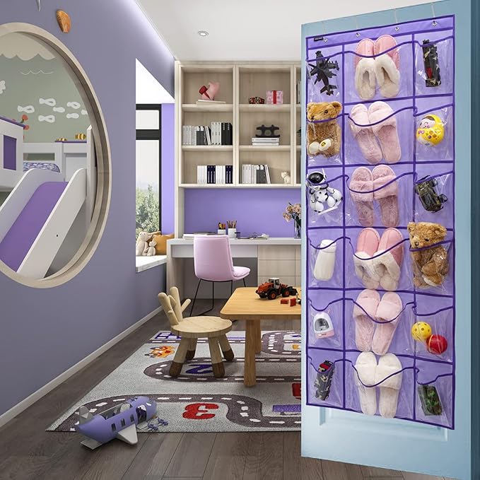Over The Door Hanging Shoe Rack Organizer 18 Pockets Organizer with 6 Extra Large Clear Pockets for Shoe Holder Storage (18 Pockets-Purple)