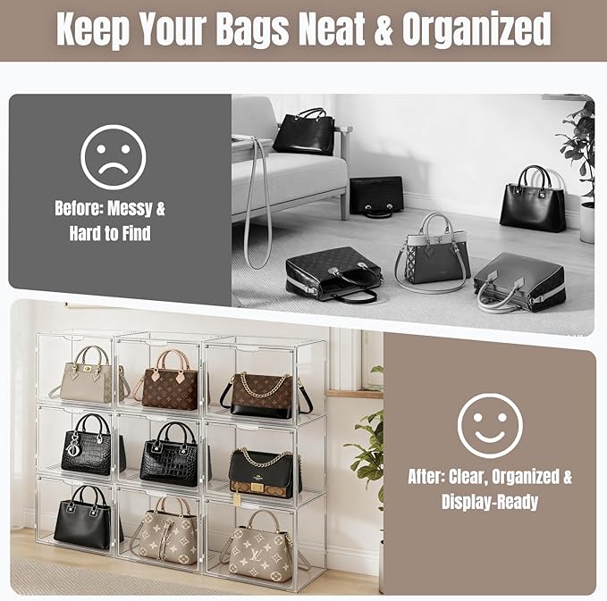 9Pack Purse Organizer for Closet Clear Acrylic Display Case Handbag Storage Organizer Box with Magnetic Door Stackable Storage Bins with Dustproof Lid for Book Toys Shoes Cosmetic Collectibles