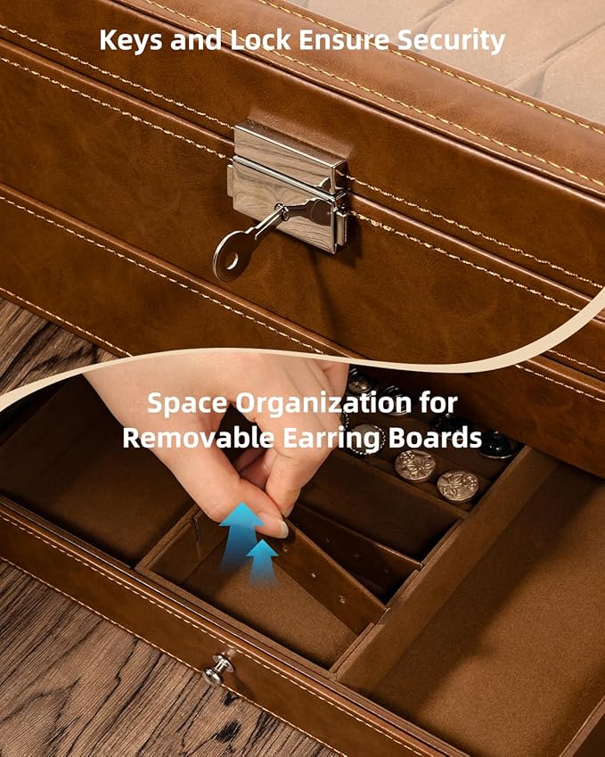 Uten 12-Slot Watch Box, 2-Layers PU Leather Watch Case with Glass Lid, Watch Holder Organizer with Soft Pillow and Velvet Lining, Watch and Jewelry Storage Box, Brown