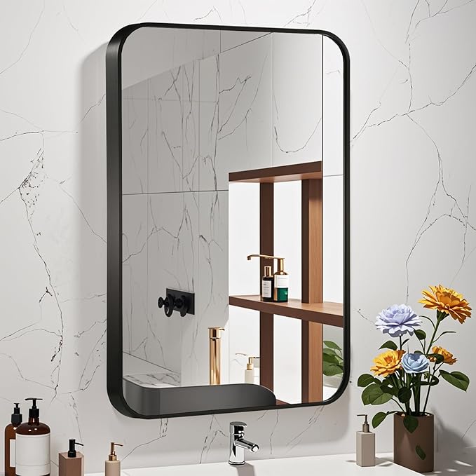 24x32 Inch Black Wall Mirror for Bathroom, Brushed Metal Framed Mirror with Rounded Corner, Rectangle Bathroom Vanity Mirror for Bedroom or Living Room, Horizontal/Vertical