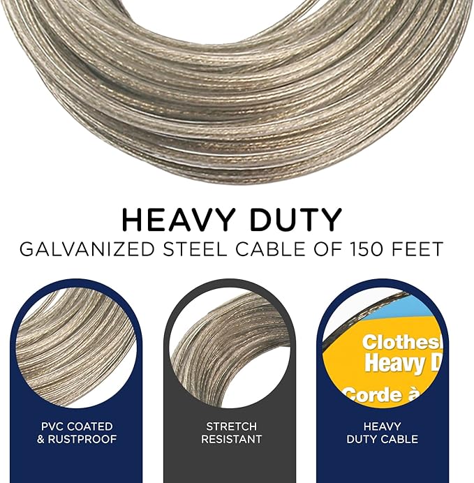 Strata 150 Feet Clothesline Outdoor Heavy Duty Galvanized Wire Steel Cable, Gold PVC Coating - Clothes Line Wires for Outside Laundry Drying
