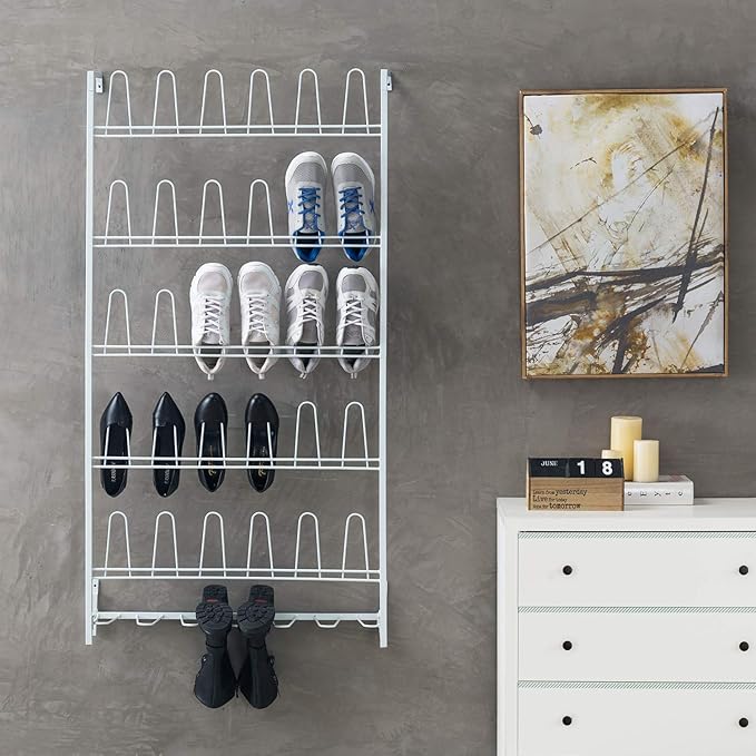 MyGift Modern Matte White Metal Wall shoe Rack in Closet, Mudroom and Entryway, Hanging Shoe Organizer Shelf Space Saving Organizer for Shoes and Boots, Holds 18 Pairs of shoe storge