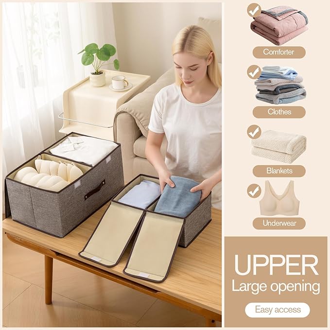Linen Storage Boxes with Removable Dividers, 2-Pack Large Foldable Organizer Bins, Gray Fabric Containers with Handles for Clothes, Blankets, Underwear Storage (Green, 2Pack*15L)