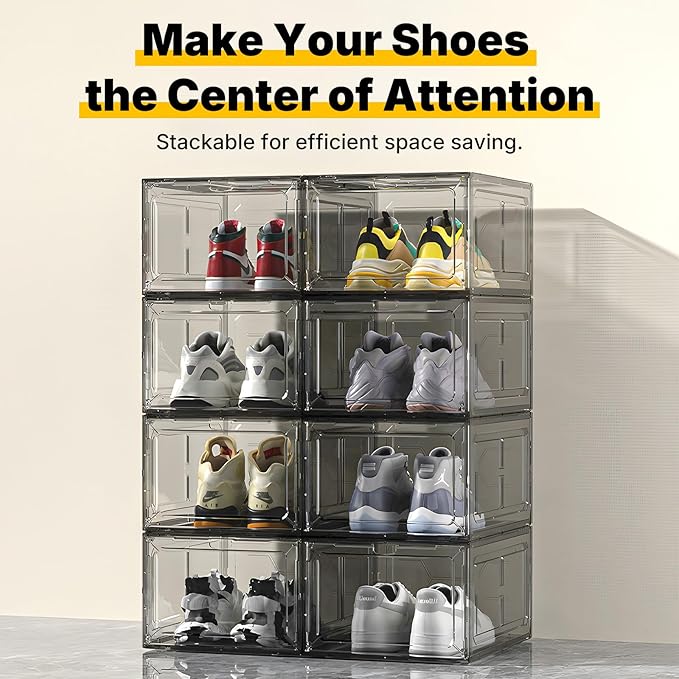1 Pack Black Drop-Front Sneaker Box with Magnetic Door, Stackable Shoe Organizer for Closet or Room, Fits up to Size 13 – 13.5 x 10.55 x 7.5 In