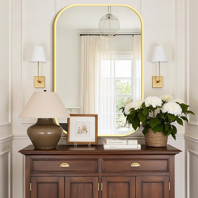 Bathroom Mirror for Wall, Gold Bathroom Vanity Mirror for Over Sink 28 x 40, HD Reflection Shatterproof Mirror for Living Room Bedroom Entryway, Metal Frame Rectangular Shape