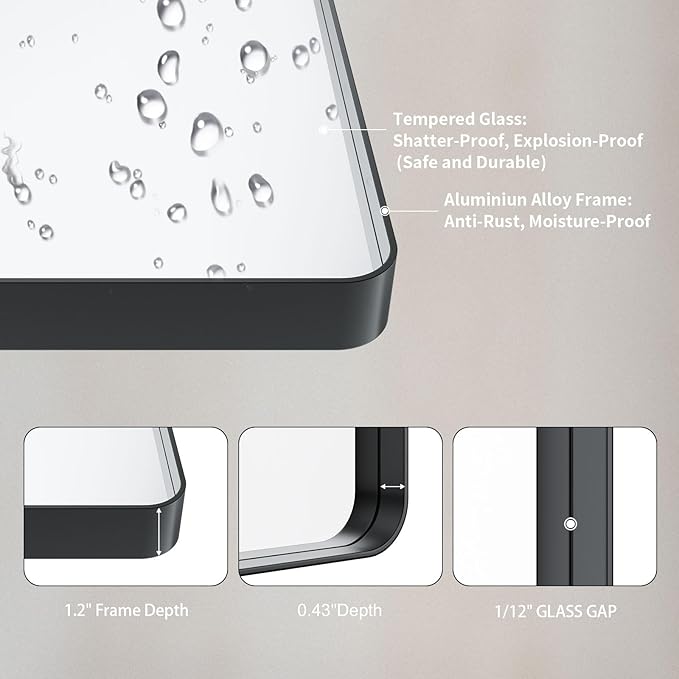 LOAAO 30x30 Inch Black Metal Framed Bathroom Mirror for Wall, Matte Black Bathroom Vanity Mirror Farmhouse, Large Rounded Rectangle Mirror, Anti-Rust, Hangs Horizontally or Vertically