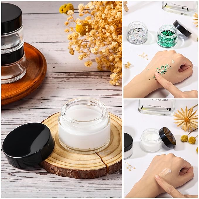 Domensi 60 Pcs 1oz Glass Jars with Lids Bulk Salve Tins Winter Cream Container Small Glass Candle Cosmetic Jars for Travel Lip Balm with Inner Liners for Lotion Sample Cream(Clear, Black Lid)