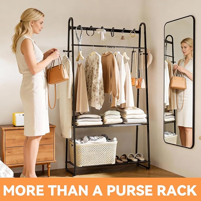 KAFAHOM Purse Organizer for Closet, Purse Rack - Tall Purse Shelf with 8 Hooks & 10 Removable Hangers to Hold Handbags, Backpacks, Pocketbooks., Perfect Purse Display Stand & Storage Tree,Black