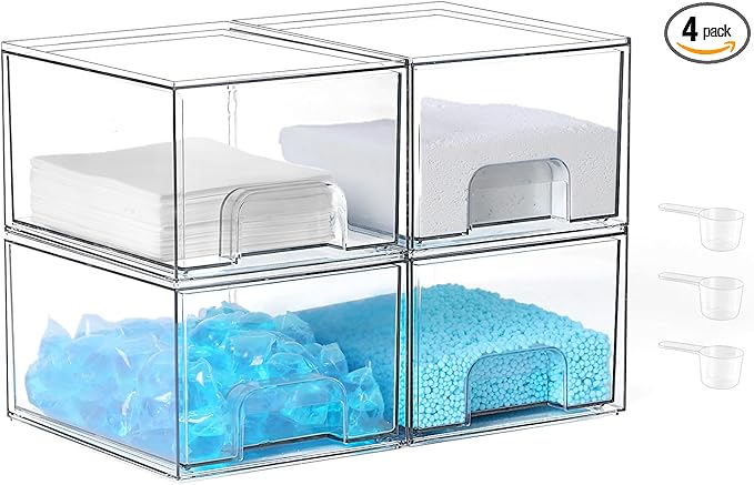 Laundry Pods Container and Dryer Sheet Holder Set, Dishwasher Pods Holder Set, Detergent Pods Storage Box, Scent Booster And Laundry Powder Dispenser Orangizer For Laundry Room, 4 PACK