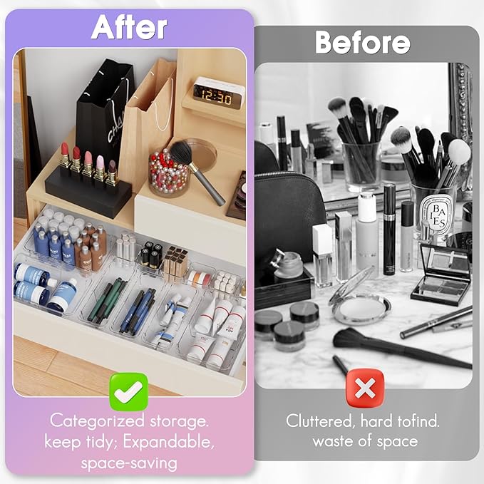 14 Pcs Extendable Clear Drawer Organizer, Adjustable Vanity Storage Box, 3-Size Desk Drawer Organizer, Non-Slip Storage Bins for Cosmetics, Jewelries, Stationeries, Tools, Cutleries, Toiletries