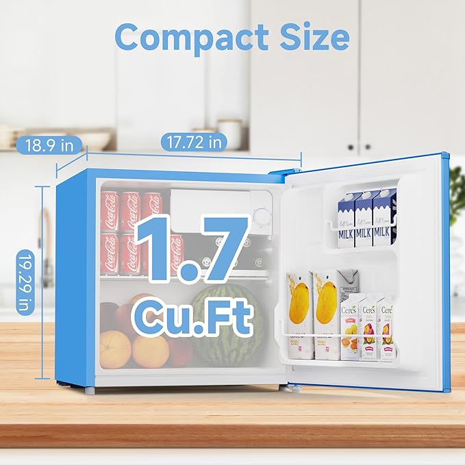 BANGSON 1.7 Cu.Ft Mini Fridge with Freezer, Compact Single Door Refrigerator - Energy Saving, Low Noise - Perfect for Office, Apartment, Dorm, Bedroom,Blue