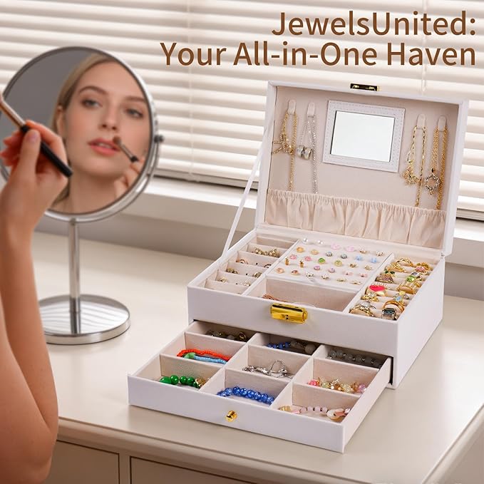Jewelry Box, 2 Layer Jewelry Organizer with Velvet Earring Organizer, Jewelry Holder Organizer Travel, White Jewelry Boxes for Women, Jewelry Boxes & Organizers for Girls, Christmas Gifts