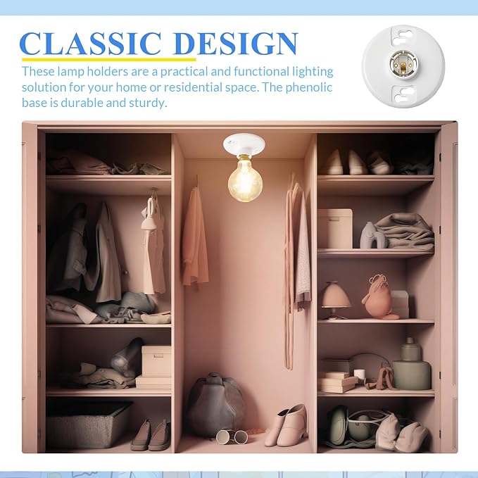 6 Pcs Medium Base E26 Lamp Holder Ceiling Light Sockets White Bulb Socket Incandescent Fluorescent CFL Lamp Holder 660w 250v (Phenolic Resin)