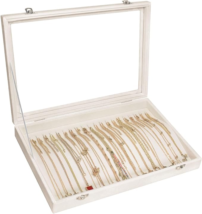 Necklace Organizer Box Premium 20 Hooks Velvet Necklace Display Jewelry Tray with Transparent Lid Jewelry Necklace Display Box for Necklace Pendants Suitable for Women and Girls (Beige)