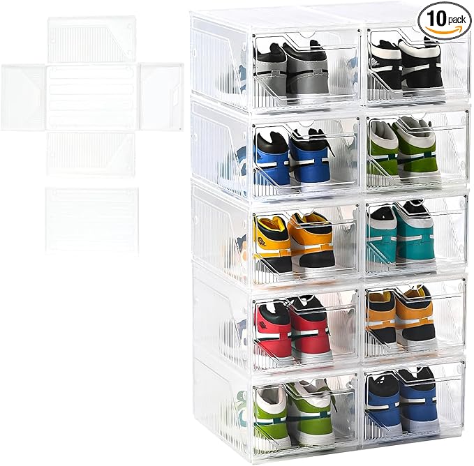 Foldable Shoe Organizer,Shoe Storage Organizer,10 Pack Shoe Box Clear Plastic Stackable,Drop Front Shoe Box with magnetic Door, Containers For Sneaker,Fit up to US Size 15