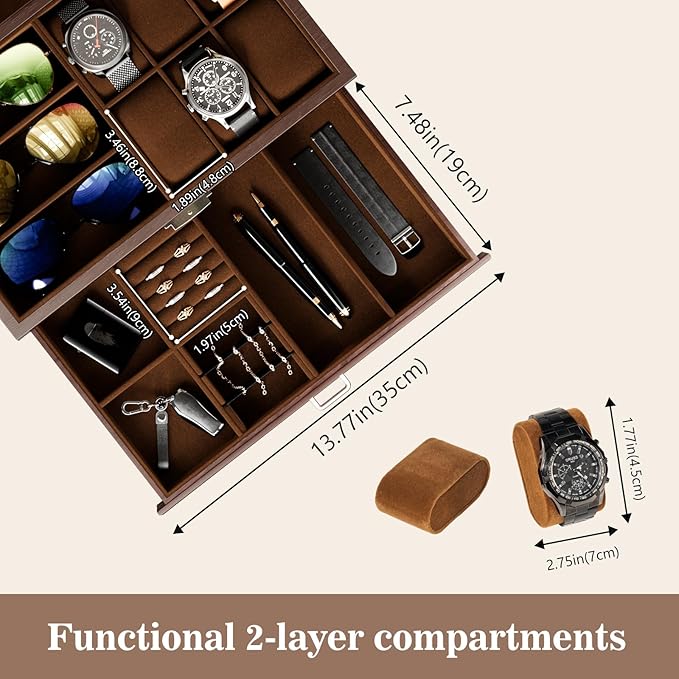 ProCase Wooden Men's Jewelry Box, 2-Tier Watch Holder and Sunglasses Box Organizer for Men, Display Cases with Clear Glass Top and Storage Drawer -Espresso