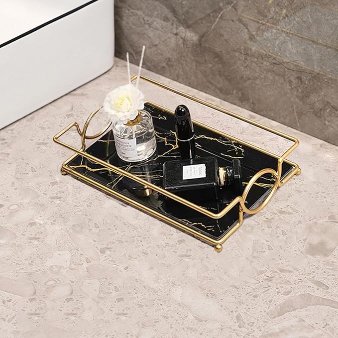 Vanity Bathroom Counter Tray Gold Glass Perfume Organizer Holder Cosmetics Makeup Skincare Display Decorative Vanity Trays Storage Rack for Bathroom Dresser Bedroom (1 Tier Black Gold-Small)