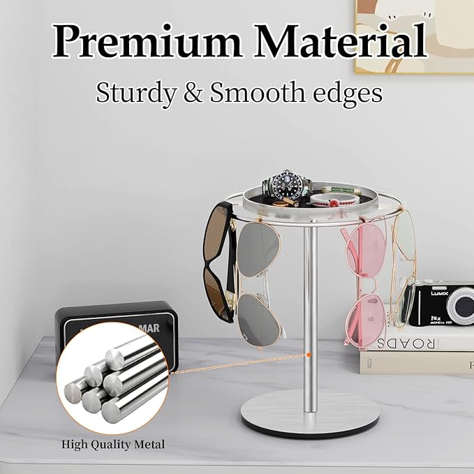 LSK Metal Sunglasses Organizer, Glasses Holder Stand with Storage Tray, Eyeglasses Holder with Anti-Slip Pads for Tabletop, Desk, Dresser, Brushed Nickel