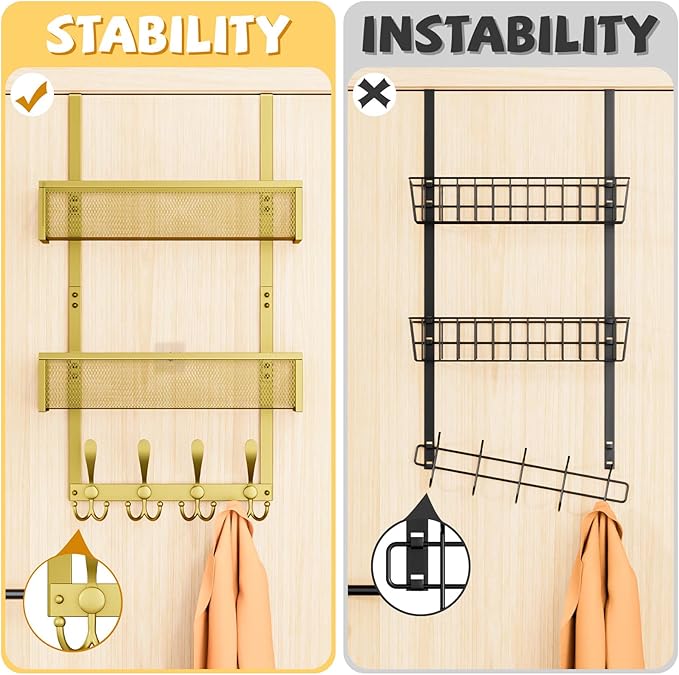 Over The Door Hooks Organizer,Coat Rack with 12 Hooks and 2 Mesh Baskets,Back of Door Storage Organizer for Bathroom,Bedroom,Kitchen,Office (Gold)