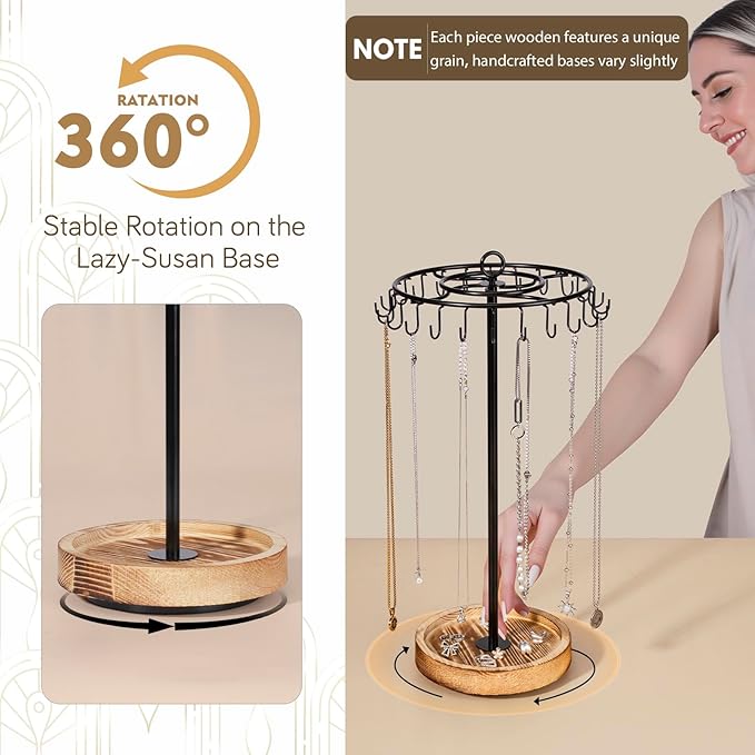 Rotating Necklace Holder, Necklace Organizer Tree Stand with 24 Hooks, Jewelry Necklace Display Stand, Wooden & Metal, Tall Spinning for Vendors Retail, Valentine's Gift for Women, Vintage Black