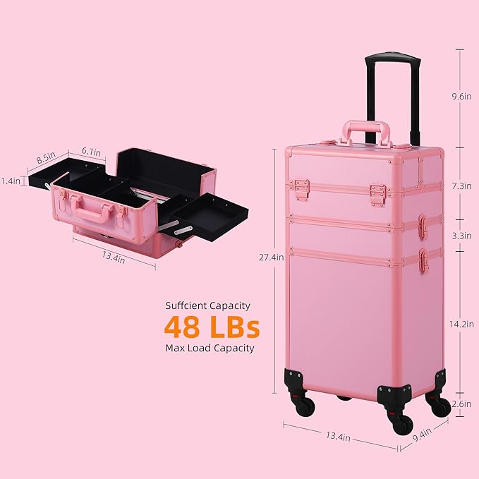 Makeup Train Case, Rolling Makeup Case, 3 in 1 Cosmetology Case on Wheels, Christmas Gift, Large Makeup Case Organizers, Profesional Cosmetic Case for Salon Barber, Pink