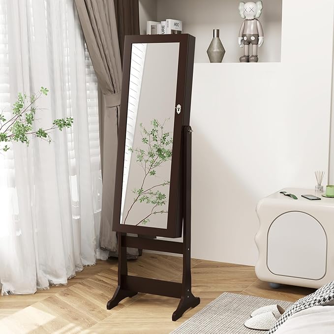 Giantex 2 LEDs Standing Jewelry Cabinet with Full Length Mirror, Lockable Mirrored Jewelry Armoire with 2 Drawers, 4 Adjustable Angles, Jewelry Storage Organizer, Brown
