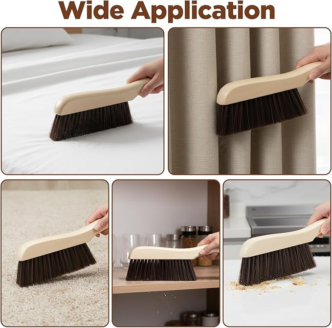6 Pieces Wooden Hand Broom, Soft Bristle Dust Brush with Long Wood Handle, Cleaning Brush for Furniture, Car, Sofa, Bed, Fireplace, Bench, Counter, Clothes, Household Cleaning, Brown
