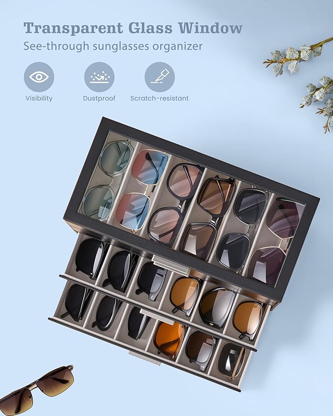 Lolalet Beige Sunglasses Storage Box for Women, Eyewear Eye Glass Organizer with Clear Top Lid Display Holder Case