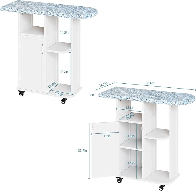 Rolling Ironing Board with Storage Cabinet, Small Ironing Table with Fixed Heat-Resistant Pad, Craft Table with Storage Shelves for Small Spaces, Laundry and Craft Rooms (White Non-Foldable)