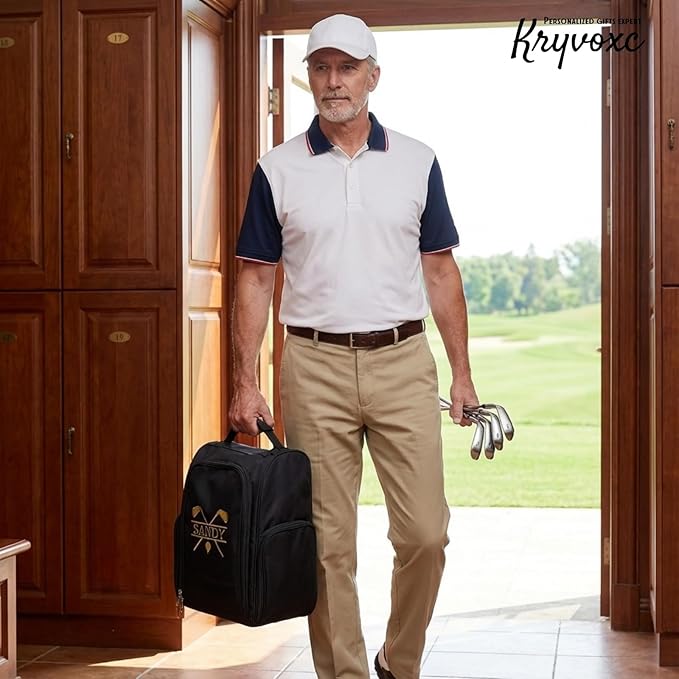 Personalized Golf Shoe Bag for Men, Custom Golf Bag with Embroidered Name, Zipper Sports Shoe Carrier with Top Strap and Side Pockets for Socks, Towels, Gloves, Large Capacity, Golfer Gifts
