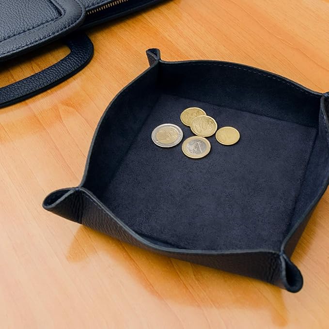 Maruse Italian Tumble Leather Valet Tray Organizer, Office Desk Accessory, Durable Leather Handmade in Italy (Navy Blue)