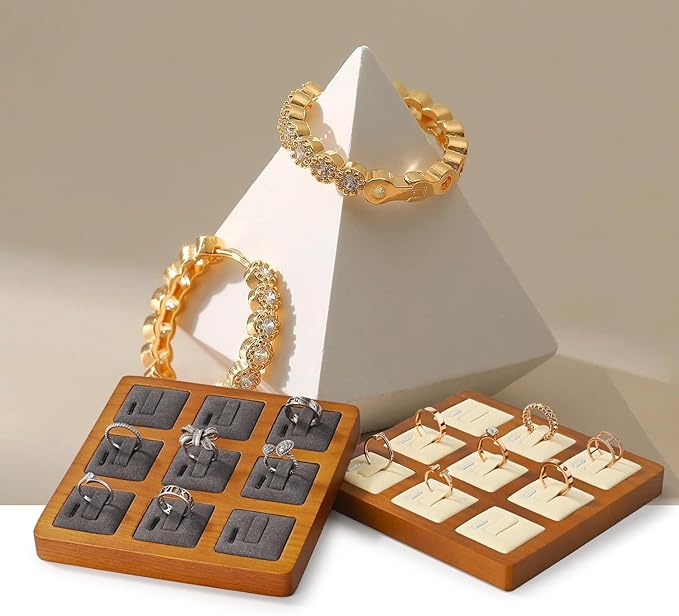 Oirlv Solid Wood Ring Display Stand - 9 Bit Ring Holder & Organizer Tray (Grey)