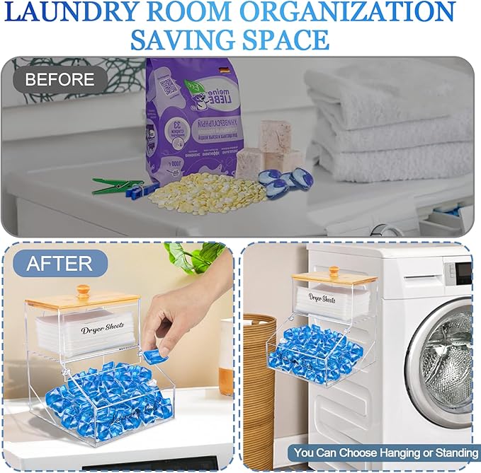 2 In 1 Laundry Pods Container & Dryer Sheet Holder, Acrylic Dryer Sheet Container with Bamboo Lid, Clear Dishwasher Pod Holder with Stickers for Laundry Room, Kitchen, Home