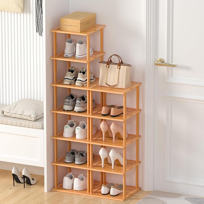 Bamboo Free Standing Shoe Rack Shelf Multi Tier Tall Wooden Stackable Shoes Rack Organizer for Closet Front Door Entrance Narrow Vertical Shoe Storage (Nature, 12 Tiers)