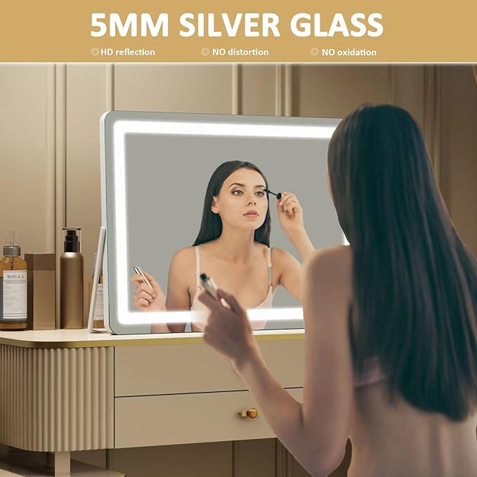 Ligheted Vanity Mirror with Lights, 14" x 12" LED Makeup Mirror, Hollywood Mirror,3 Modes Light, Smart Touch Control Dimmable, 360°Rotation, Rectangle Gold Frame