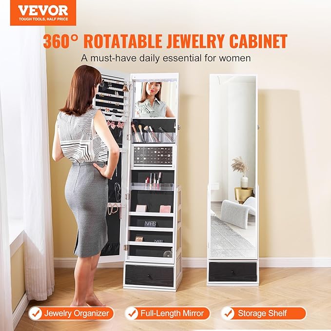 VEVOR 360° Swivel Jewelry Cabinet Armoire, 63-Inch Tall Lockable Jewelry Organizer with Full-Length Mirror, LED Light, Velvet Lining, Drawer, Freestanding, White