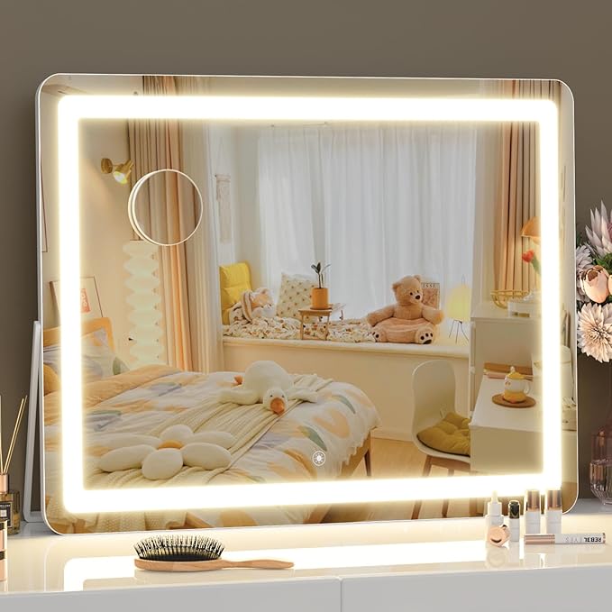 Ligheted Vanity Mirror with Lights, 14" x 10" LED Makeup Mirror, 3 Modes Light, Smart Touch Control Dimmable, 360°Rotation, Rectangle White Frame