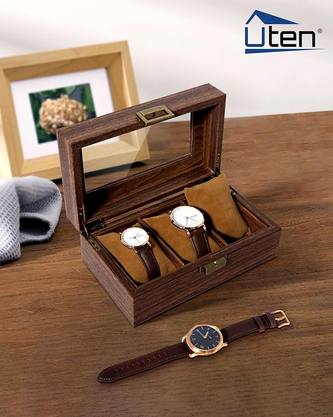 Uten Watch Box 3 Slots, Watch Case Organizer with Real Glass Lid, Wood Grain PU Leather Watch Display Storage Box with Removable Imitation Suede Watch Pillows, Metal Clasp