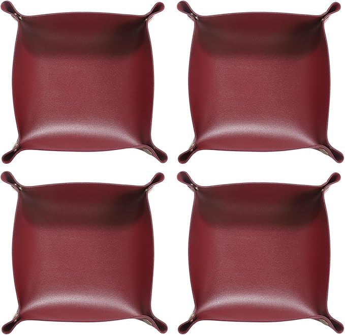 HARFINGTON 4pcs PU Leather Valet Tray Unisex Folding Small Catchall Tray Portable Entryway Table Tray Nightstand Bedside Desk Tray for Key Wallet Watch Coin Jewelry Dice, Wine Red