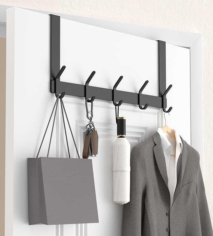 KitchLife Over The Door Hooks Hanger with 7 inches Extended Arms, Fit for 1-3/4" Doors, J18U, Thickened Bathroom Towel Rack Organization, 1 Pack Double-Hook, Matte Black