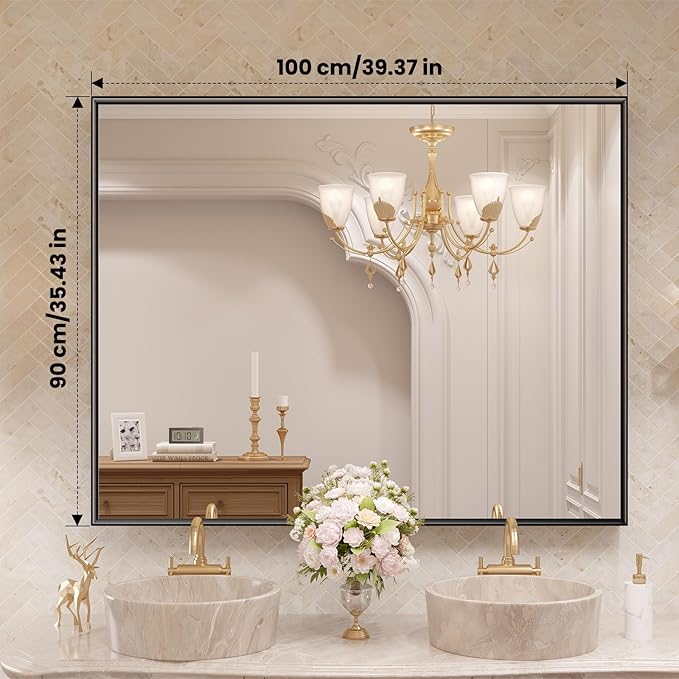 LOAAO Black Bathroom Mirror 40"X36" for Wall, Rectangle Bathroom Vanity Mirror, Tempered Glass, Hangs Vertically or Horizontally, Easy to Install, Modern Design