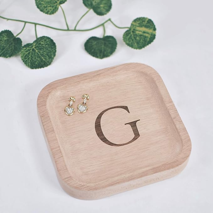 I'm Wooden Personalized Letter Catchall Valet Tray Trinket Dish Jewelry Tray Key Bowl Decorative Plate Organizing Ring Earrings Necklaces Bracelet Watch Coins Wallet Holder (6"x6" Sq Natural G)