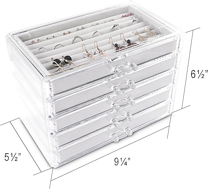 Frebeauty Extra Large Acrylic Jewelry Box for Women 5 Layers Clear Jewelry Organizer Velvet Earring Box with 5 Drawers Rings Display Case Necklaces Holder Tray for Women Girls (White)