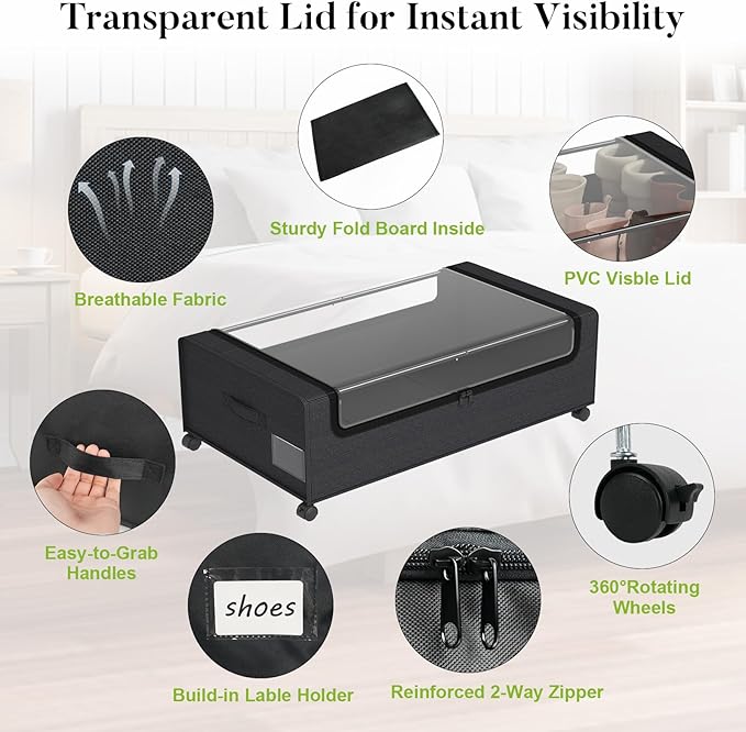 Webetop Under Bed Storage Containers with Wheels,12 inch Under the Bed Storage Bins with Clear Lid for Underneath Small Spaces Dorms, Blankets (2 Pack, 30.7"x17.3"x12")