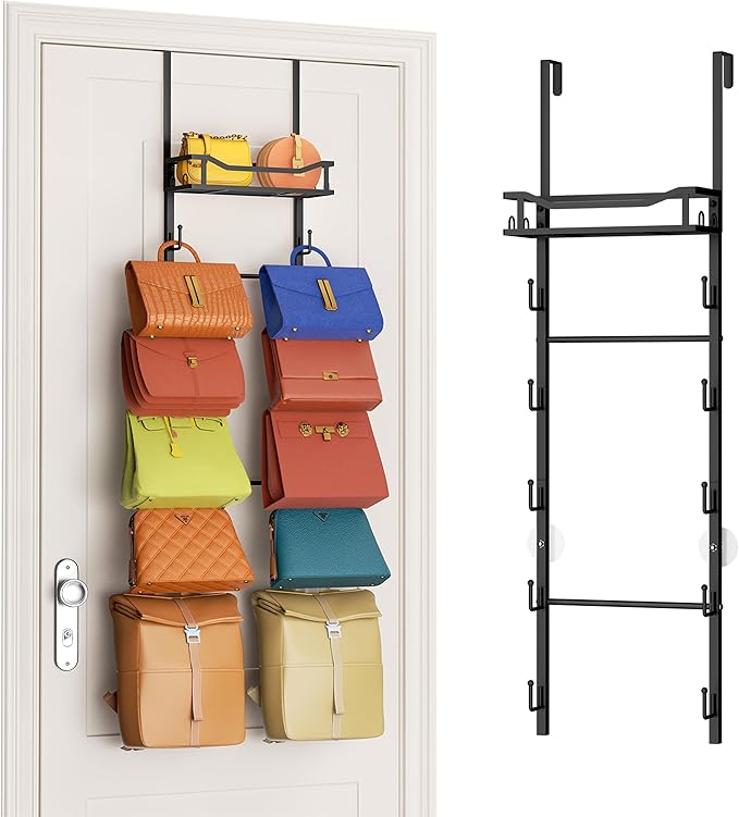 SWTYMIKI Over The Door Purse Organizer - Wall Mounted Purse Rack with 10 Hooks and Metal Basket, Hanging Handbag Storage Organizer Holds up to 10 Bags, Bag Rack Can Use As 1/2 Part, for Door, Closet