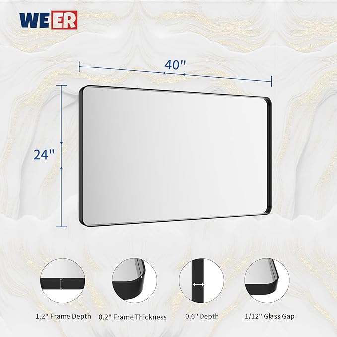 WEER Black Bathroom Mirror for Wall, 40X24 Inch Matte Black Mirror, Rectangular Black Metal Framed Vanity Mirror with Tempered Glass, Rounded Corner, Anti-Rust (Horizontal/Vertical)