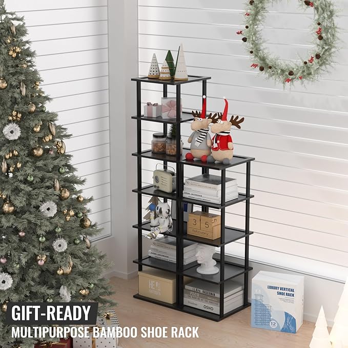 Bamboo Free Standing Shoe Rack Shelf Multi Tier Tall Wooden Stackable Shoes Rack Organizer for Closet Front Door Entrance Narrow Vertical Shoe Storage (Black, 12 Tiers)