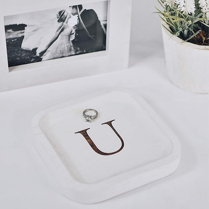 I'm Wooden Personalized Letter Catchall Valet Tray Trinket Dish Jewelry Tray Key Bowl Decorative Plate Organizing Ring Earrings Necklaces Bracelet Watch Coins Wallet Holder (6"x6" Sq White U)