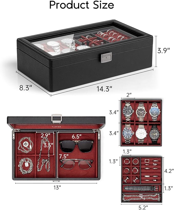 Vlando 6-Slot Watch Box Organize, Lockable Watch Case with Textured Leather, 2 Layer Watch Holder for Rings, Bracelets, Glasses, Glass Lid, Removable Divider, Gift for Fathers, Husband, Friend, Red