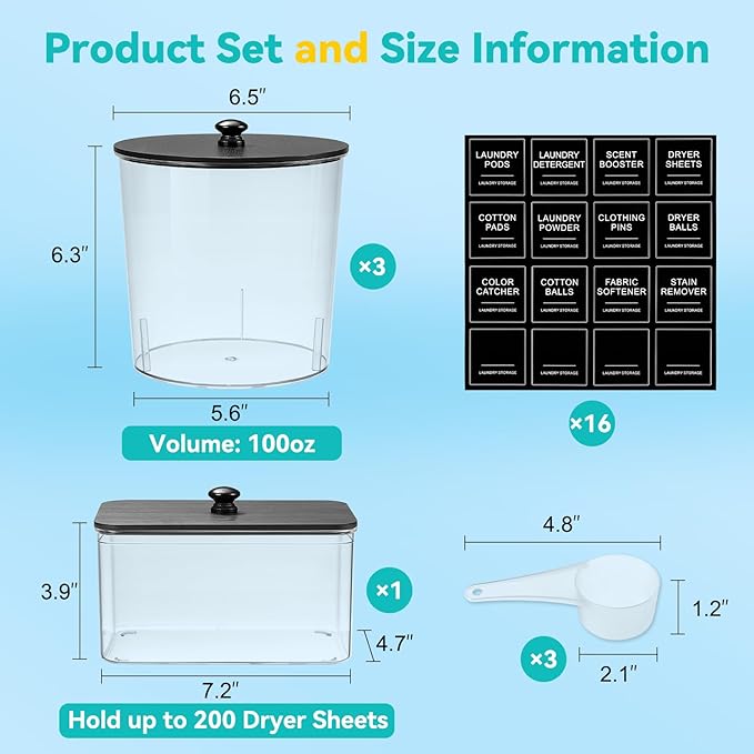 Laundry Pods Container & Dryer Sheet Holder, Laundry Room Organization and Storage Jars with Lids, Labels & Scoops for Powder Detergent Scent Booster, Black Lid